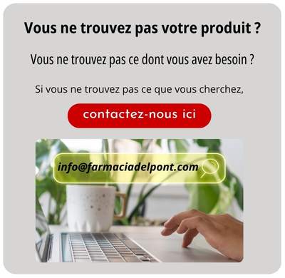 Bannière de pharmacie en ligne invitant à contacter le service client pour trouver un produit