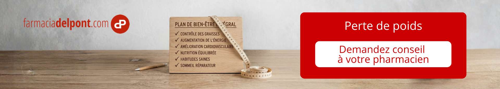 Bannière sur la perte de poids avec plan de bien-être et invitation à demander conseil au pharmacien