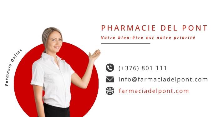 Bannière de la Pharmacie del Pont avec pharmacienne et informations de contact pour la pharmacie en ligne à Andorre