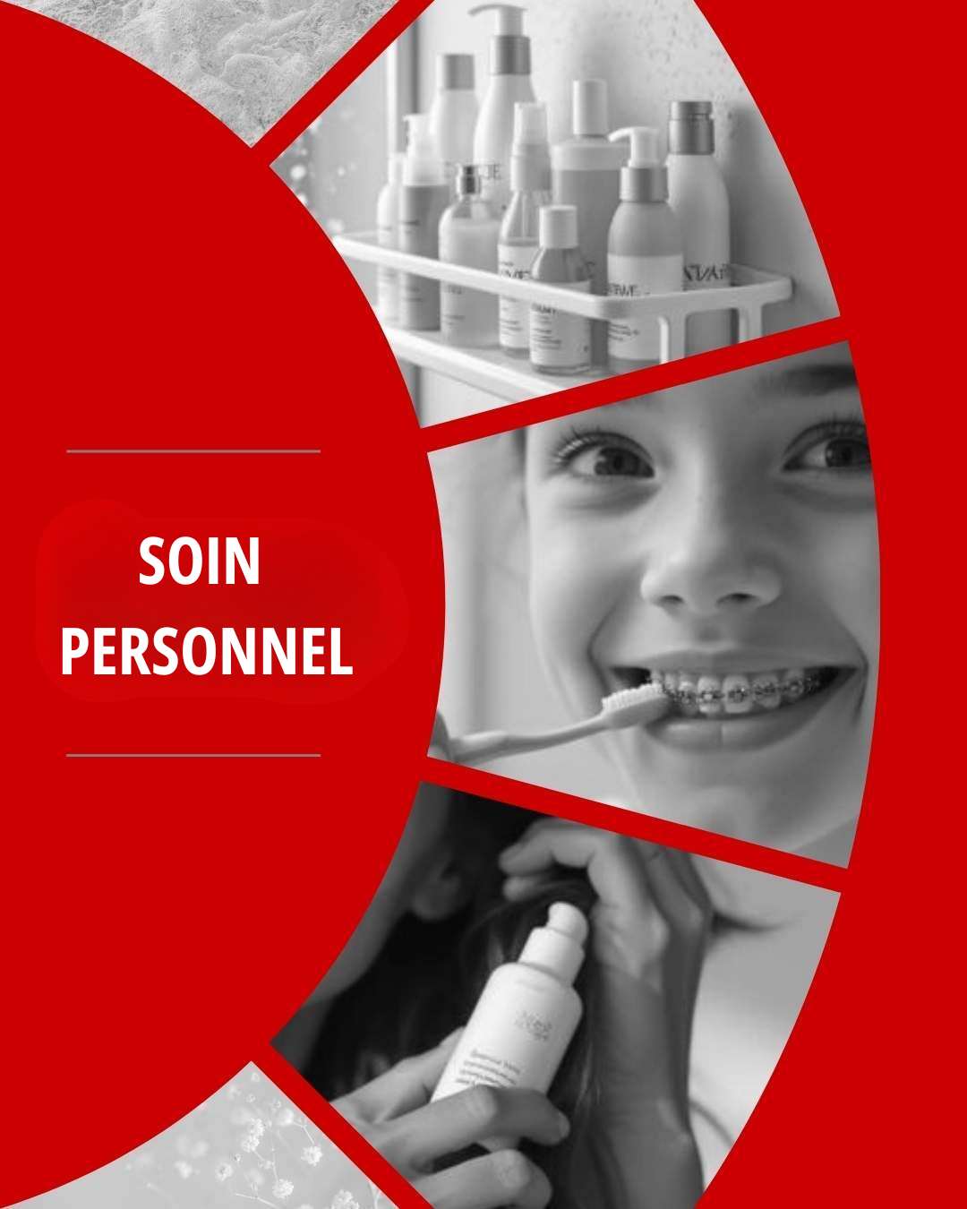 Bannière de pharmacie en ligne illustrant les soins personnels avec produits d’hygiène et enfant se brossant les dents